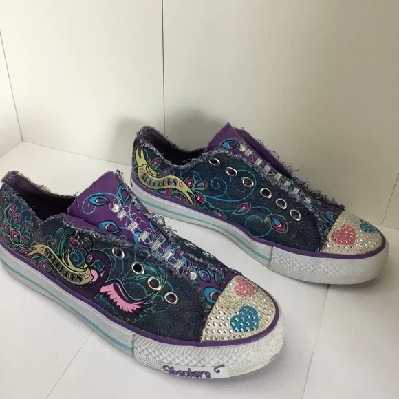 Girls Skechers Sneakers Twinkle Toes Shuffles Peacocks Tennis Shoes Size 5 - Picture 10 of 14
